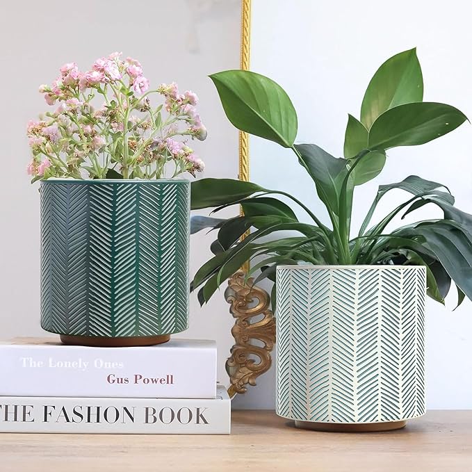 GUGUGO Slash Line Plant Pots, Boho Modern Geometric Planters Pots for Indoor Plants, Cute Unique Flower Pot with Drainage, Eclectic Colorful Small Succulent Planter Funky Gardening Pot Gifts, Green