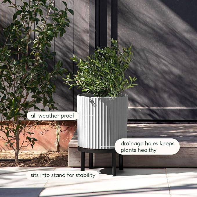Veradek Demi Series Round Planter w/ Stand for Porch/Patio | Durable Plastic-Concrete & Wooden Stand | Modern Décor for Tall Plants, Flowers