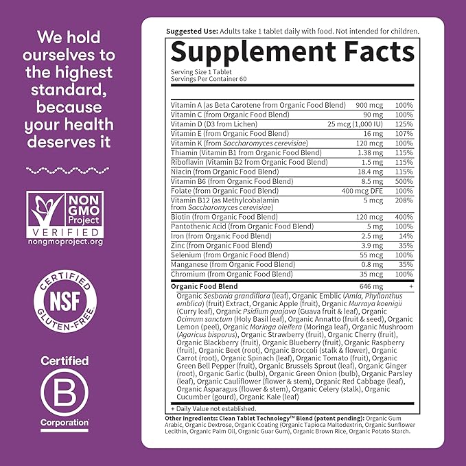 Garden of Life Organics Multivitamin for Women - Women's Once Daily Multi - Whole Food Multi with Iron, Biotin, Vegan Organic Womens Multivitamin for Health, Energy Hair Skin and Nails, 60 Tablets