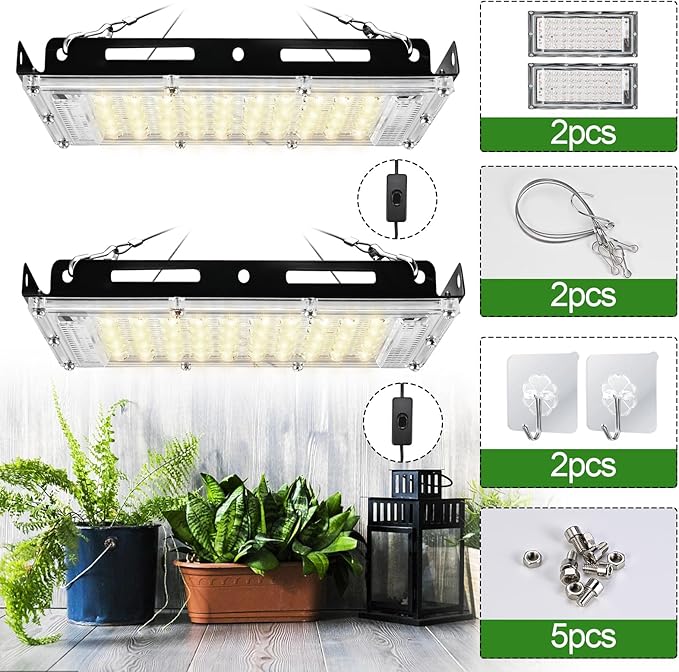Tigvio 2pcs Hanging Grow Lights for Indoor Plants (20w X2) with Height Adjustable, 4000 Lumen LED Bonsai Houseplant Growing Lamp with On/Off Switch, Grow Light UV-IR Full Spectrum