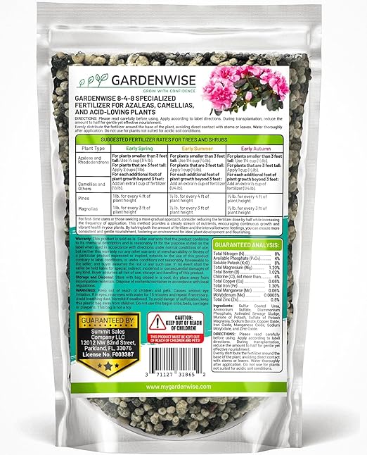 GARDENWISE 8-4-8 Acidic Fertilizer for Azaleas, Camellias (Camelia), Hydrangeas, Blueberries, Gardenias, Magnolia Trees, Evergreens, and Rhododendrons - Ideal Iron-Rich Plant Food (5 QUARTS)