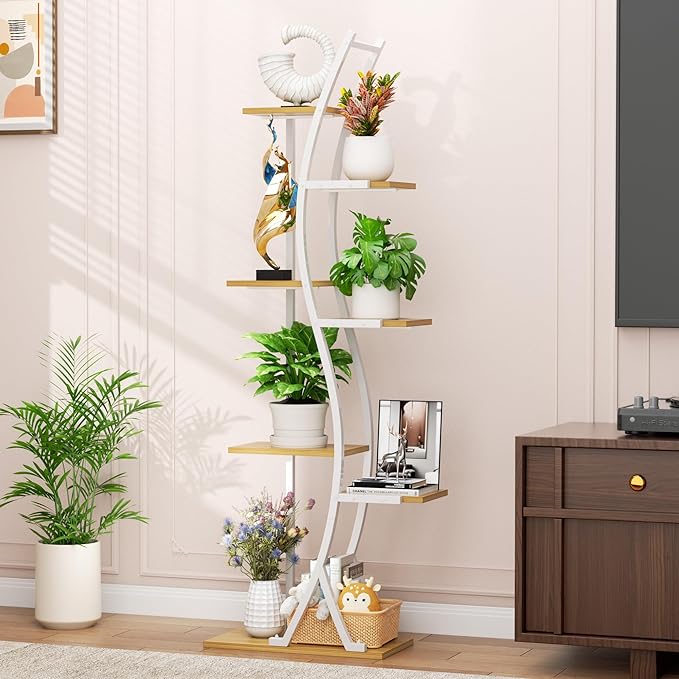 MJOMKN 62" Plant Stand Indoor with Grow Lights - 7 Tiered Tall Metal Plant Shelf - Corner Wooden Plant Stand for Indoor Plants Multiple, Large S-Shape Flower Rack Holder for Living Room, Garden, Patio Decor