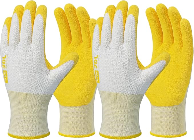 JDL Gardening Gloves for Women, 2 Pairs Breathable Latex Coated Yard Garden Gloves, Rubber Outdoor Protective Work Gloves with Grip, Yellow, Medium Size