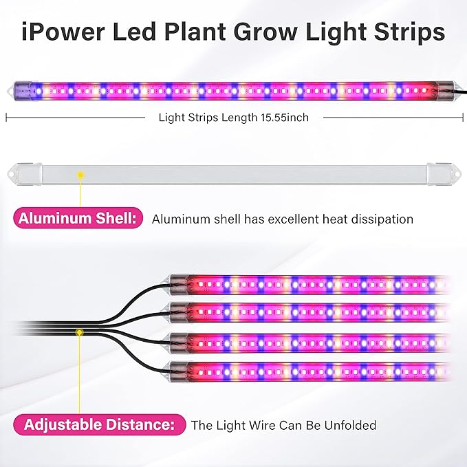 iPower 60W LED Plant Grow Light Strips Full Spectrum for Indoor Plants with Auto ON/Off 3/9/12H Timer, 10 Dimmable Levels 48 LEDs Per Tude, for Hydroponics Succulent, 4 Tubes, Mix