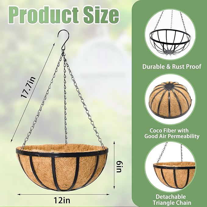 4 Pack 12 Inch Hanging Baskets for Plants Outdoor Metal Hanging Planters Round Hanging Flower Pots with Coco Coir Liner Plant Holder for Outdoor Patio Garden Balcony Decor - Flat Iron