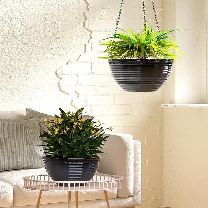 Vanslogreen 2 Pack Hanging Planters for Indoor Outdoor Plants, 10 Inch Hanging Planter with Drainage Hole & Plug Glazed Hanging Baskets Flower Pots for Garden Home (Black)