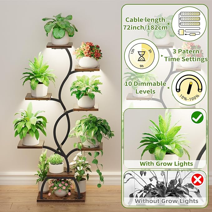 EVAWOO Plant Stand Indoor with Grow Light - 8 Tiered Plant Shelf Indoor, Corner Plant Stand, 49" Tall Plant Shelf with Lights for Indoor Growing, Lighted Flower Holder for Living Room, Balcony, Black