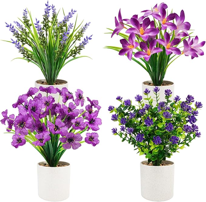 4 Pack Artificial Flowers in Pots, Mini Fake Potted Plants Small Faux Flowers for Indoor Decor, Purple Spring Tabletop Centerpieces for Bathroom Office Desk Shelf