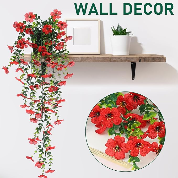 FAVOWREATH Fake Plants Hanging Artificial Potted Faux Eucalyptus Plants and Flowers for Modern Boho Farmhouse Bathroom Office Desk Wall Book Shelf Living Room Aesthetic Decor Indoor (Red)