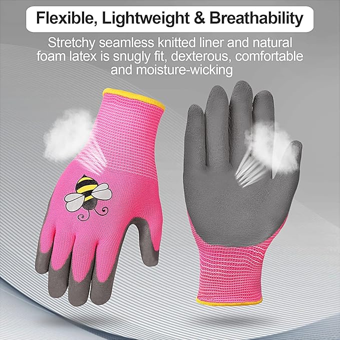 6 Pairs Kids Gardening Gloves Yard Work Gloves Children Soft Safety Rubber Coated Gloves for Toddlers Youth Girls Boys Children (Large (Age 9-11))