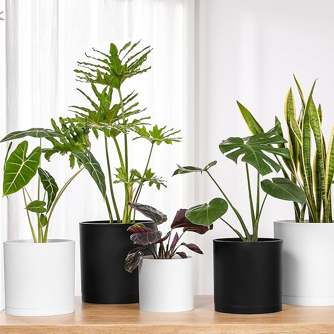 FaithLand 14-Inch Large Modern Cylinder Planter, Thick-Walled Plastic Plant Pot with Drainage Holes and Detachable Saucer, Matte White, Ideal for Indoor & Outdoor Plants Flowers