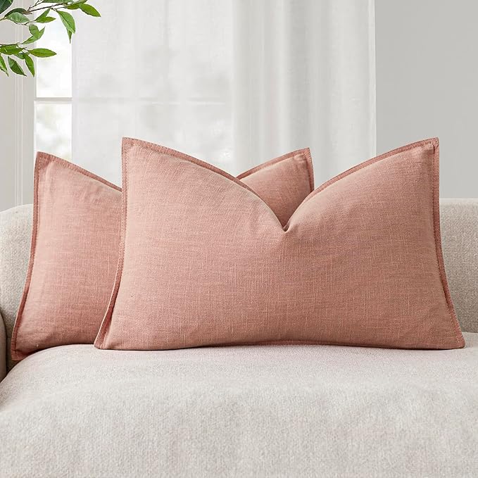Foindtower Pack of 2, Decorative Linen Soild Throw Pillow Covers Accent Lumbar Cushion Case Boho Farmhouse Pillowcase for Chair Couch Sofa Bedroom Living Room Home Decor 12 x 20 Inch Coral Pink