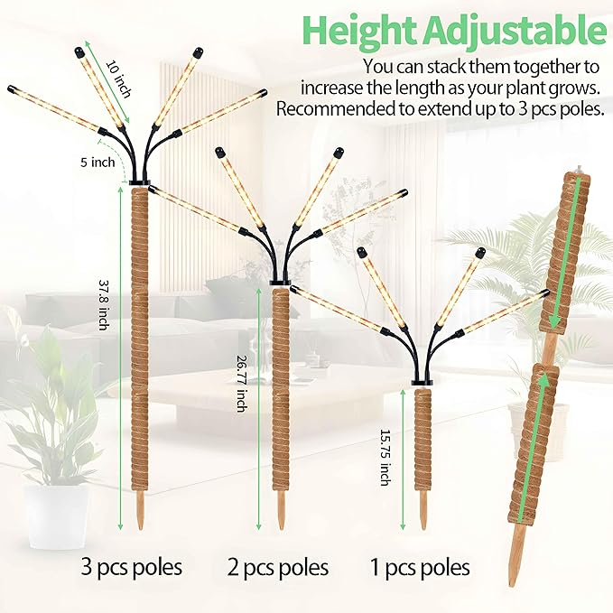 Grow Lights with Moss Pole for Indoor Plants, Full Spectrum LED Plant Light with Auto 3/9/12H Timer, Adjustable Height 15-54", Plant Lights Coco Coir Pole for Monstera, Philodendron, Climbing Plants