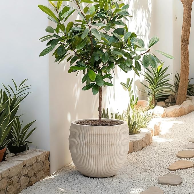 LuxenHome 17.5" Dia Round Planter, Large Pots for Plants with Drainage Hole, Modern Wavy Textured Decorative Planter Pots for Indoor Plants
