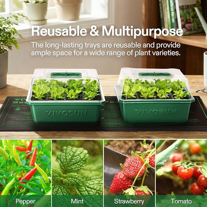 VIVOSUN 6-Pack Seed Starter Trays with 10"x20.75" Seedling Heat Mat, Self-Adjusting Dual Digital Display Temperature Controller, 72-Cell Seed Starter Kit with Humidity Dome, Reusable Propagation Trays
