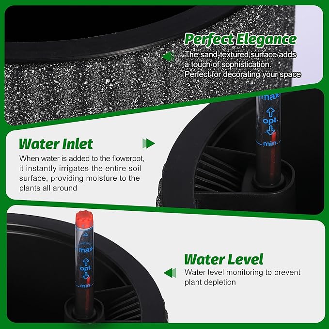 IDEALHOUSE Self Watering Planters Set of 2, 14.2 Inch Tall Outdoor/Indoor Flower Pots with Water Level Indicator, Large Modern Planter with Hidden Reservoir for Patio, Porch, Balcony,Black