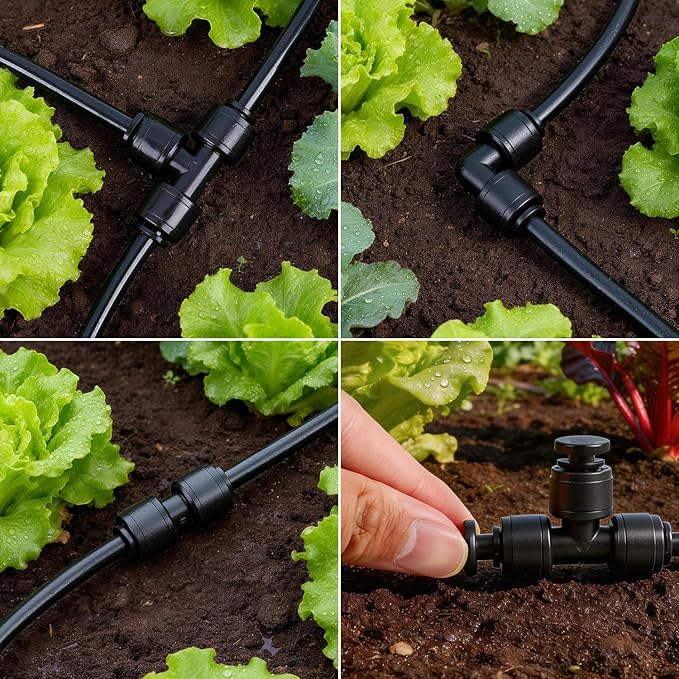 RedChili 45 PCS Quick Connect 1/4" Drip Irrigation Fittings Kit, Universal Drip Line Connectors for 1/4-Inch Drip Tubing Includes Couplings Tees Elbows Plugs Parts for Irrigation System Connection