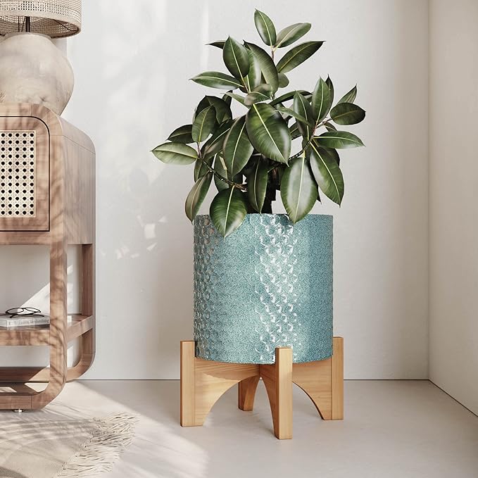 EverNest Mid-Century Modern Rhys Honeycomb Embossed Planter Pot with Arch Wood Stand, Metal Indoor Plant Pots, Blue Green Bohemian Style (Small 1 Gallon)