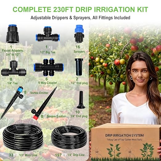 230FT Drip Irrigation System Kit, Quick Push-to-Connect Garden Watering System with 1/2'' & 1/4'' Tubing, Adjustable Drippers & Sprayers, Auto Irrigation System for Raised Bed, Lawn, Greenhouse