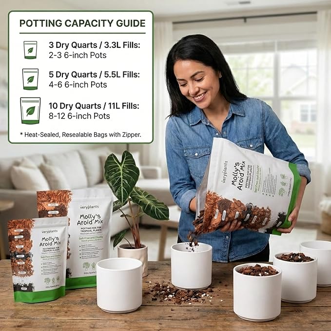 Molly's Aroid Mix - Premium Soilless Potting Mix for Houseplants - Fast Draining, Chunky & Easier to Water vs. Soil for Indoor Plants - with Bark, Coco Chips, Worm Castings, Mycorrhizae 5 Dry Quarts