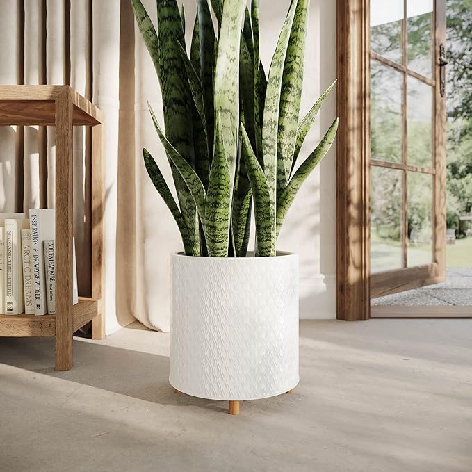 EverNest Claire Modern Indoor Plant Pot Set with Stand, White Pattern, SelectBase Cachepot, Neutral Mid-Century Modern Style, Metal Home Decor Planter (Set of 3)