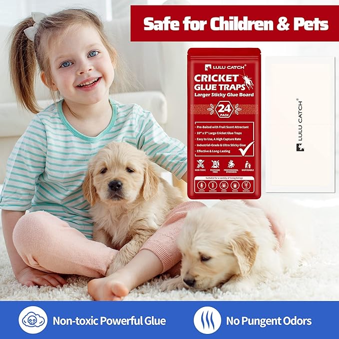 LULUCATCH Cricket & Insect Glue Traps 24 Pack, Adhesive Bug Catcher, Pre-Baited Spider Scorpion Trap, Non-Toxic Glue Boards Indoor for Home Catching Bugs, Mice & Rodents, Pet Safe Pest Control