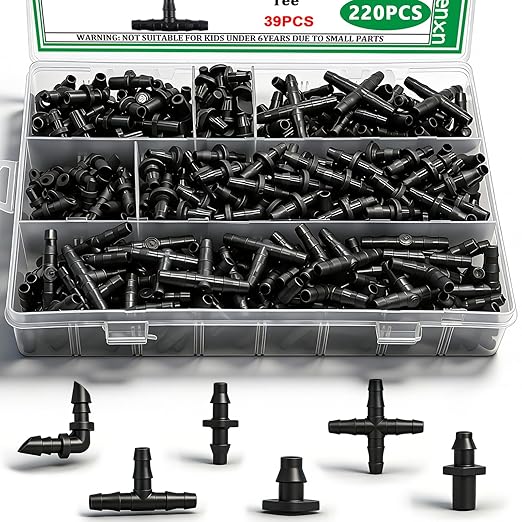 220PCS 1/4" Drip Irrigation Kit Barbed Connectors, Straight Barb, Tee, Single Barb, End Plug, Elbow, 4 Way Coupling Irrigation Fittings for Garden Lawn Flower Pot