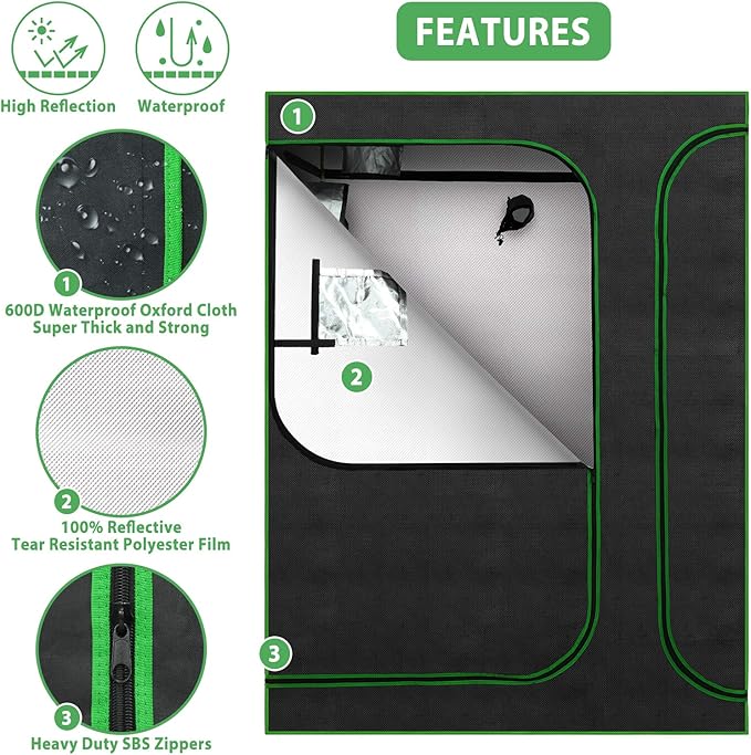 2-in-1 Grow Tent 60"x48"x80" 4'x5' Indoor Plant Growing Tents with 600D Waterproof Canvas, 3 High-Reflective Mylar Spaces for Propagation and Flower