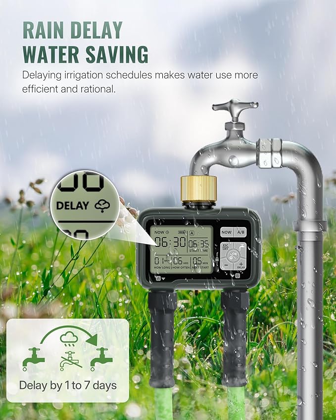 2 Zone Brass Sprinkler Timer, Garden Hose Timer, Automatic Irrigation System, Programmable Faucet, 2 Outlets, with Rain Delay, Manual Mode,Child Lock, for Yard, Garden, Lawn, Green E12WT06