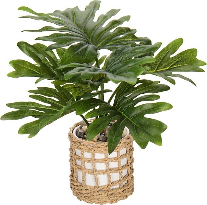Briful Fake Plants Potted Monstera Plant Artificial Realistic Houseplant in White Ceramic Vase Wrapped Woven Pot, Faux Plant Indoor for Home Farmhouse Wedding Tabletop Shelf Decor
