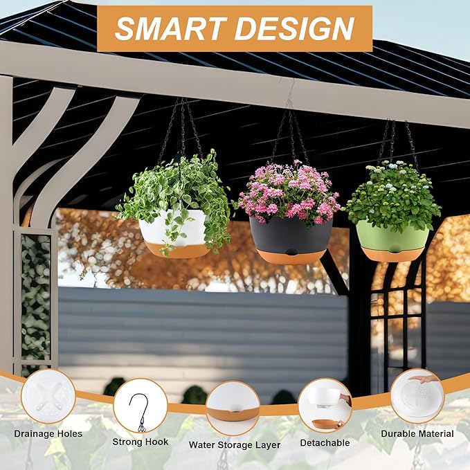 KPUVX 8/10/12 inch Hanging Planters for Indoor Outdoor Plants with Self-Watering Pots, 3 Pack Plastic Hanging Basket with Removable Tray for Home Garden Porch Balcony Patio Decor(White+Black+Green)