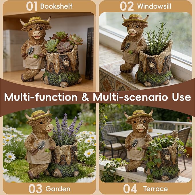 Cute Plant Pots Indoor - Cool Highland Cow Flowers Pots with Drainage,Small Flower Pot for Succulents,Cacti,Small Plants,Mini Planters for Home Desk Patio Decorations,Unique Gift for Plant Lovers