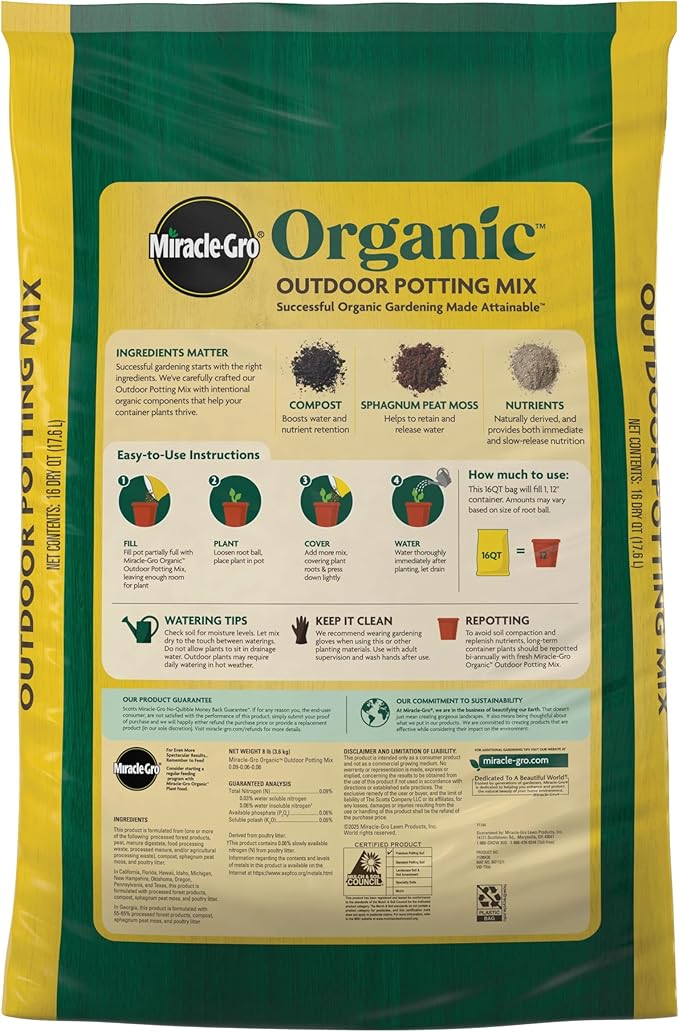 Miracle-Gro Organic Outdoor Potting Mix - Plant Soil for Outdoor Container Plants, Contains Quick-Release Natural Fertilizer, OMRI Listed, 16 qt. (2-Pack)