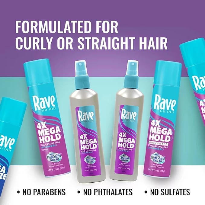 rave 4X Mega Long-Lasting Firm Hold Hair Spray for Heat Protection, Volume and Shine - 24 Hour Hold & Anti Humidity Spray for Hair - Minimizes Frizz - Unscented & Non Aerosol - 11 Fl Oz (Pack of 3)