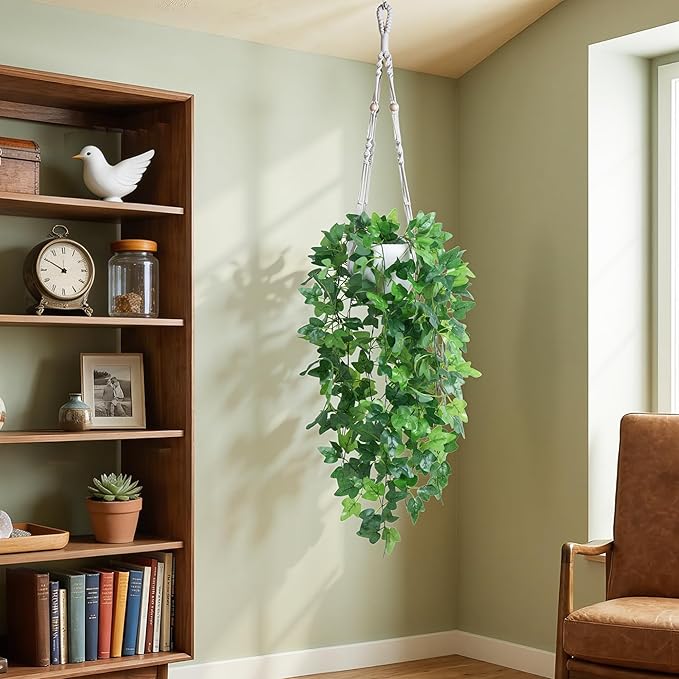 DREAMLOOM Fake Hanging Plants with Pot, Artificial Ivy Hanging Plants with Macrame Hanger for Indoor Decor, Fake Hanging Vines Faux Greenery for Home Kitchen Office