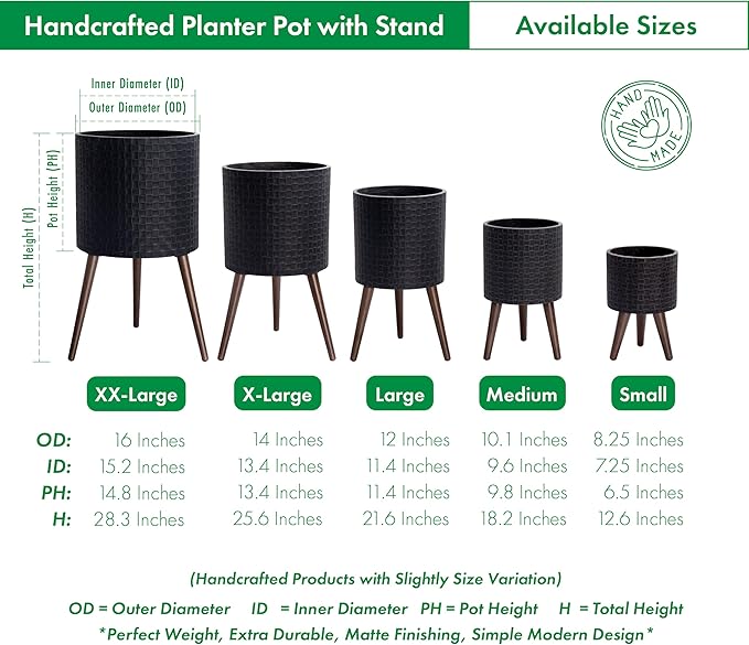 D'vine Dev 10 Inch Modern Geometric Tile Patterned Sleek Planter Pot with Stand, Indoor Outdoor Decorative Plant Holder, Distressed Black, 88-Z-B-5