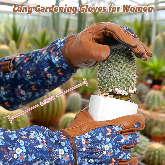 DLY Gardening Gloves for Women, Rose Gloves Thorn Proof, Long Garden Gloves for Women, Breathable Cowhide (X-Large, Brown)