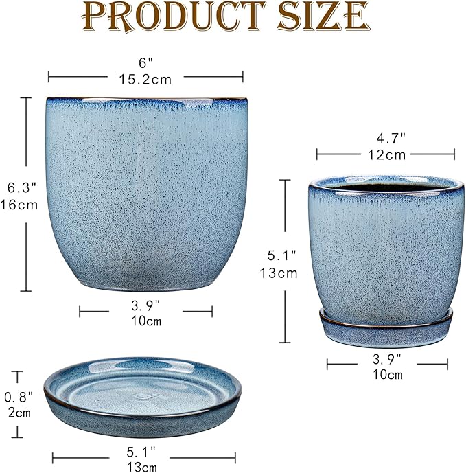 GnFlus Ceramic Plant Pots 6 Inch + 5 Inch Set of 2, Flower Plants Pot with Drainage Holes and Saucers Tray Blue Planter Garden Pot for Succulent Cactus Home Decoration Gift Indoor Outdoor