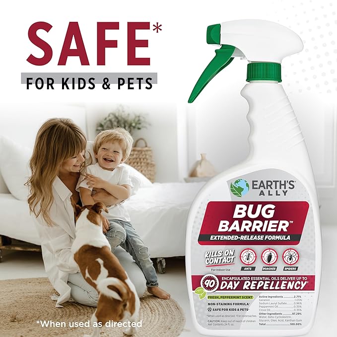 Earth’s Ally Bug Barrier - Plant Bug Spray with Essential Oils Kills Crawling Insects On Contact - Indoor Pest Control for Ants, Roaches, Spiders - Safe for Use Around Kids and Pets - 24 Ounces
