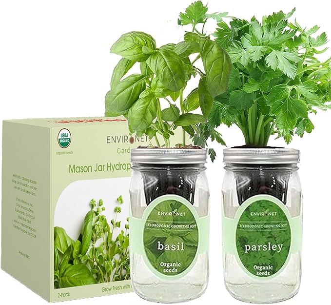 2-Pack Hydroponic Mason Jar Herb Garden Kit, Indoor Herb Garden Self-Watering Starter Kit (Basil, Parsley)