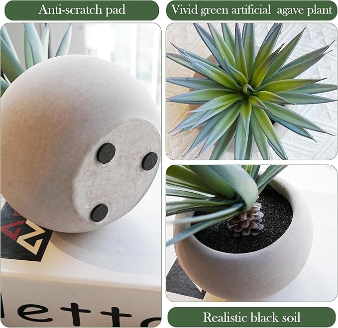 Jahe Artificial Plants Indoor, Matte Pot Mini Artificial Plants Agave, 8.07 in Faux Agave Plant UV Resistant Gray Cement Pot, Perfect for Living Room Bathroom Study Desk Decor, Ideal as a Gift, 1 Pcs