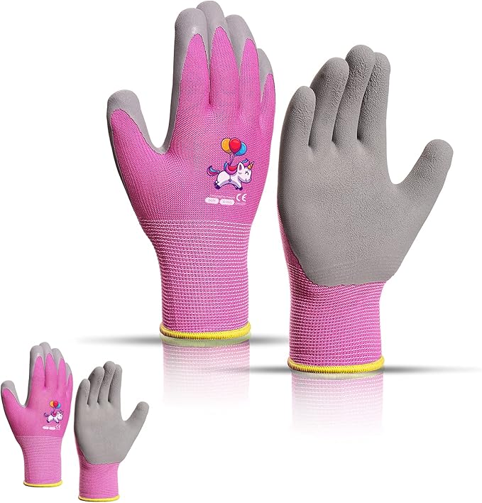 KDK Ages 5-7 Kids Gardening Gloves,Yard Work Gloves for Toddlers, Youth, Girls, Boys, Childrens, Soft Safety Rubber Gloves (XXS Age 5-7, 2 Pairs Pink Unicorn)
