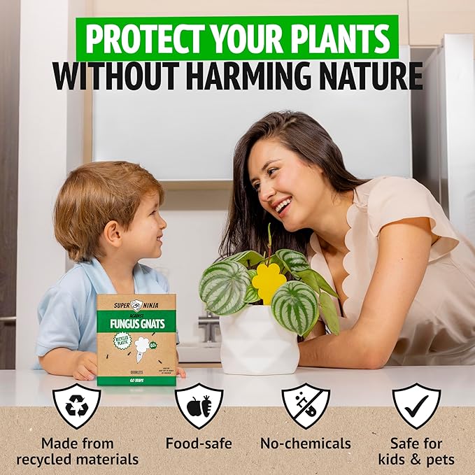 Super Ninja Fungus Gnat Traps - 60 Pack, Highly Effective Gnat Traps for House Indoor, Yellow Sticky Trap for Plants, Non-Toxic & Nature-Friendly, Up to 3 Months