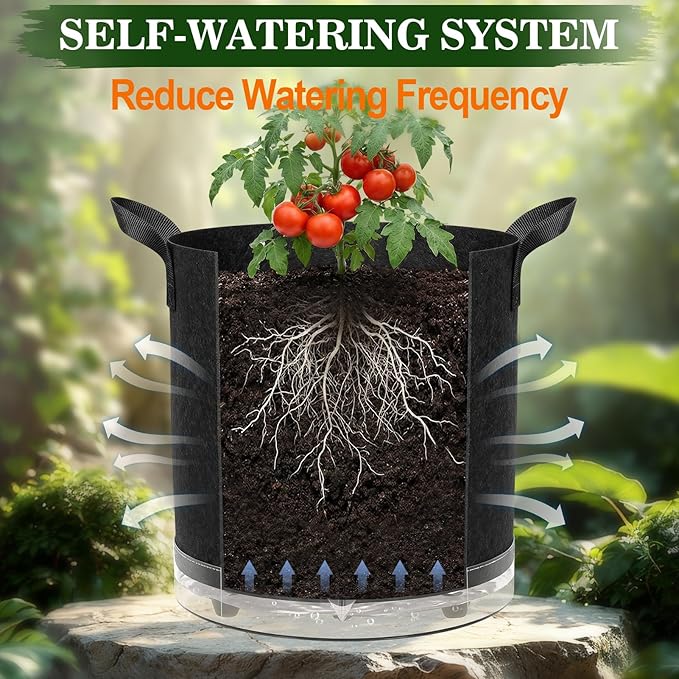 3 Pack 7 Gallon Self-Watering Grow Bags, Thick Nonwoven Fabric Pots with Support Rings and Reinforced Handles, Self-Watering Planters with Bottom Reservoir for Tomatoes Peppers Potatoes and Vegetables