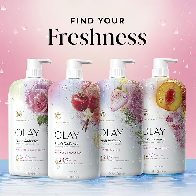 Olay Body Wash for Women, Fresh Radiance, 24/7 Skin-Loving Freshness, Visibly Radiant, Plant Based Cleansers, Vitamin B3 & Antioxidant Blend, For All Skin Types, Black Cherry & Vanilla Scent, 29 fl oz
