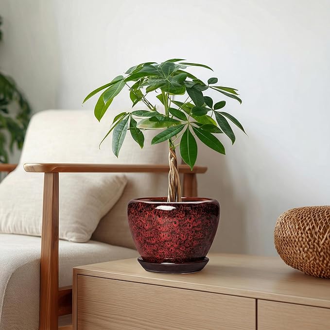 6 Inch Ceramic Pots for Plants - Indoor Plant Pots with Drainage Hole and Saucer, Decorative Planters for Outdoor Plants, Modern Planter, Living Room Decor, Gardening Gifts, Red Leopard