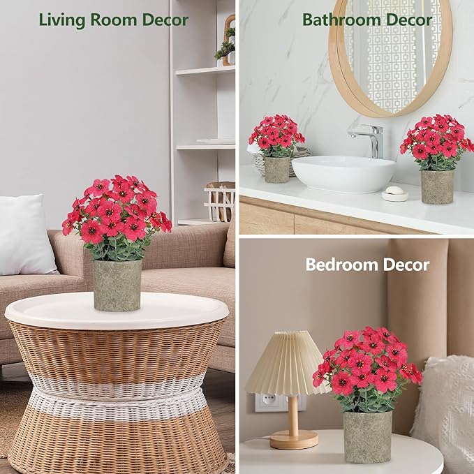 2 Pack Small Fake Plants Potted Artificial Plants Artificial Flowers Potted Faux Flower Daisy with Eucalyptus Leaves for Home Decor Office Room Farmhouse Indoor Table Bathroom Decor（Magenta）