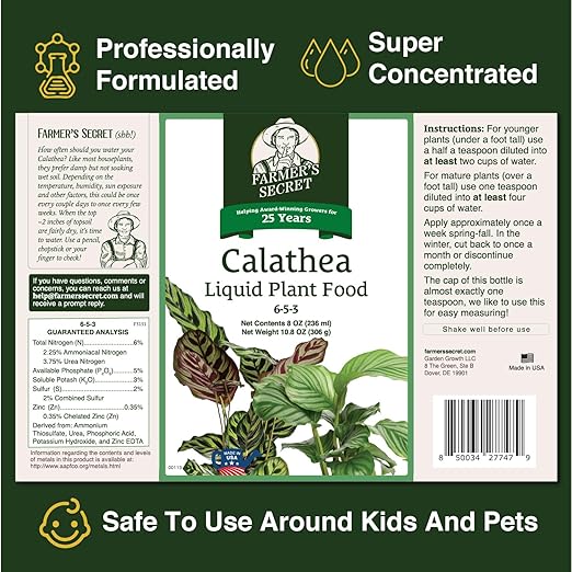 Farmer's Secret Calathea Liquid Plant Food Fertilizer (8oz) - Super Concentrated - 6:5:3 Ratio - Promotes Growth and New Shoots