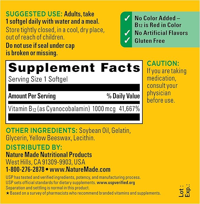 Nature Made Vitamin B12 1000 mcg, Dietary Supplement for Energy Metabolism Support, B12 Vitamins 1000 mcg, 150 Softgels, 150 Day Supply