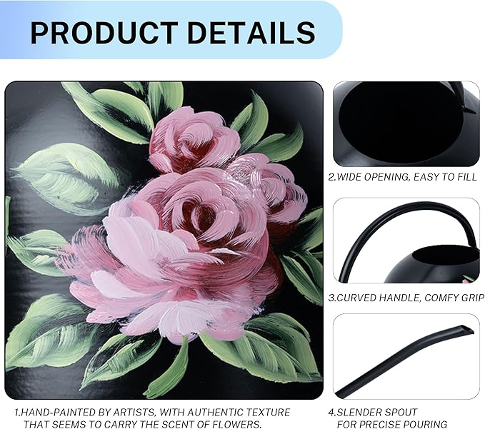 MOYEE Small Black Metal Long Spout Watering Can Outdoor Indoor Spray Bottle for Plants Hand Drawn Patterns,1/2 Gallon Plant Mister Durable Metal Structure Lawn Garden Watering Equipment